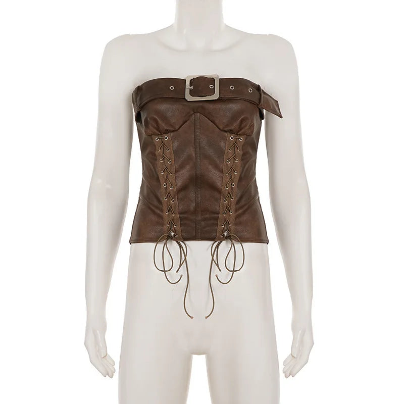 Sexy Leather Corset Vest, Cinched Waistband, Metal Buckle Top, Punk Style, Individualistic Street Style, Spicy Girl Outfit