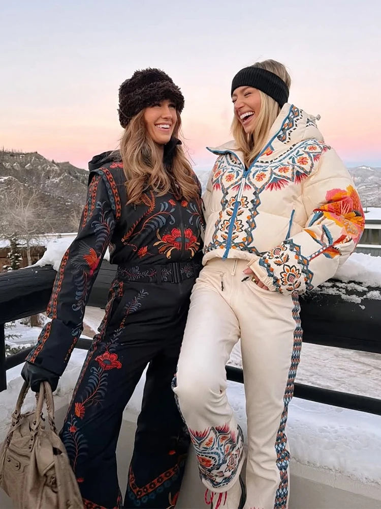 Printed Hooded Ski Jacket And Wide Leg Pants Set for Women