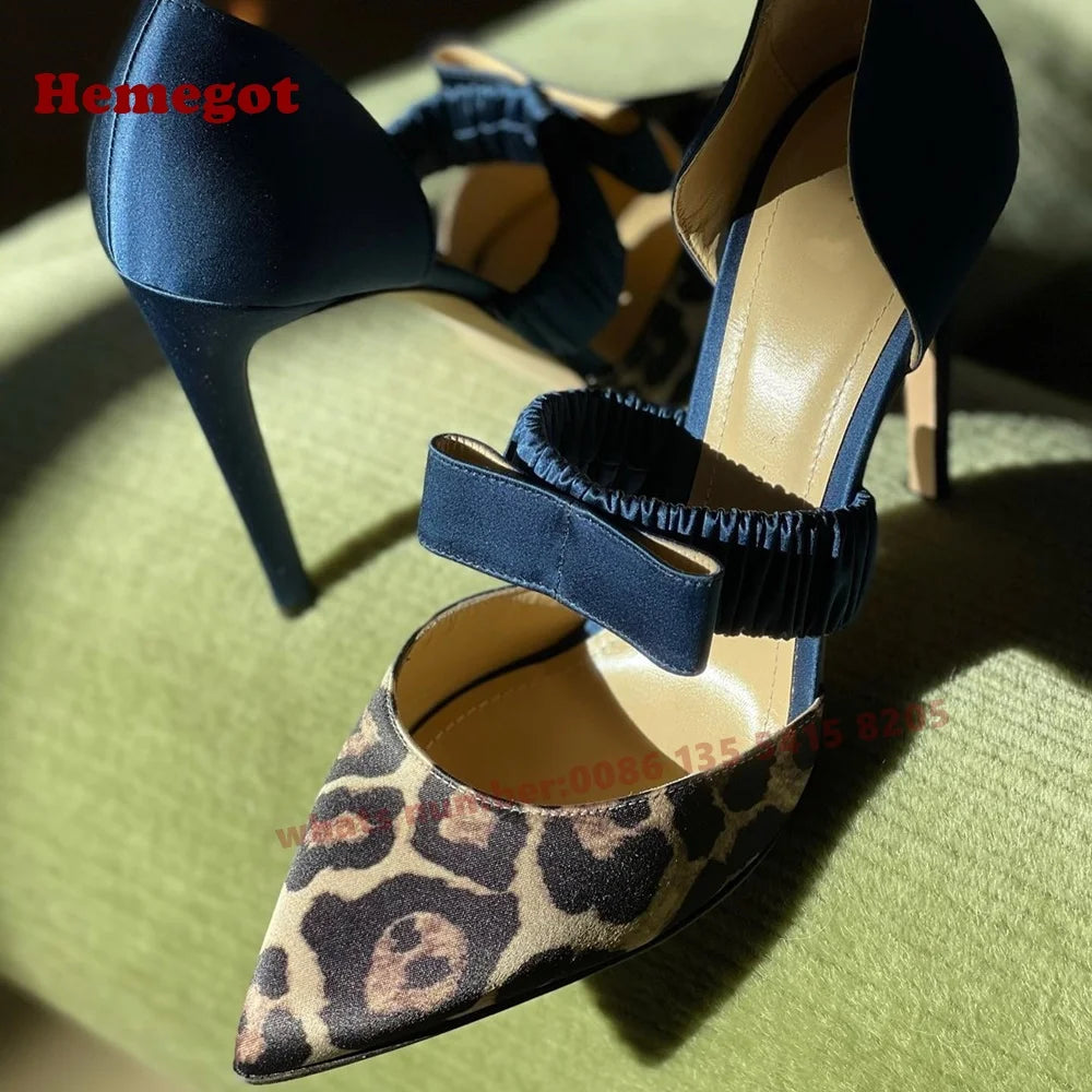 Leopard Bow Detail Blue Satin Pumps Pointed Toe for Women