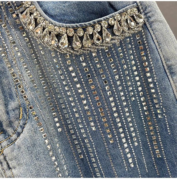 High Waist Wide Leg Jeans Women's Summer New Sle Diamond Embellied Hong Kong Sle Loose Fit Slimming Long Pants