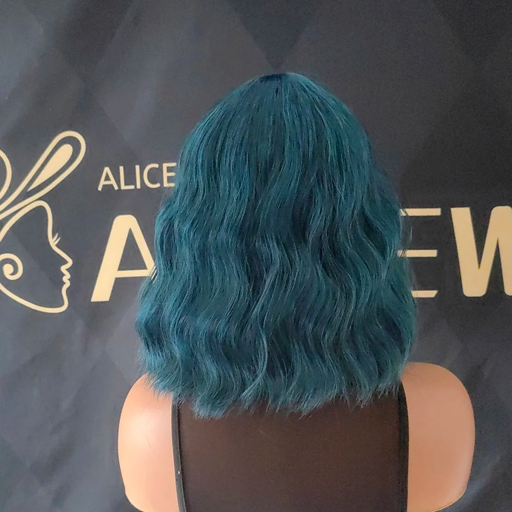 Heat Resistant Blue Body Wave Bob Wig With Bangs For Women