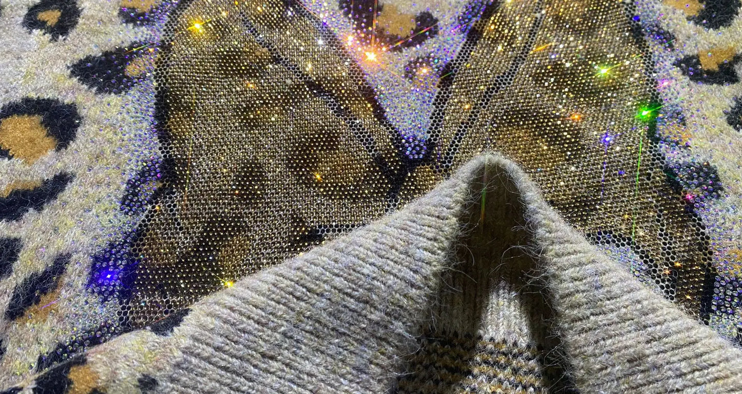 Heavy Industry Rhinestone Mid-length Sweater Coat Winter Leopard Print Thickened Knitted Top Jacket Long-sleeves O-neck Jumpers