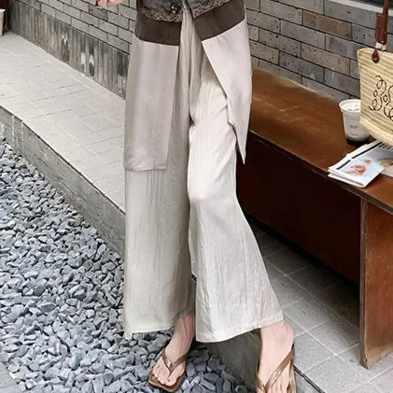 ANJY Summer New Women's High Street Fashion Unique Design Denim Patchwork Contrast Color Button Vest Casual Wide Leg Pants A7944