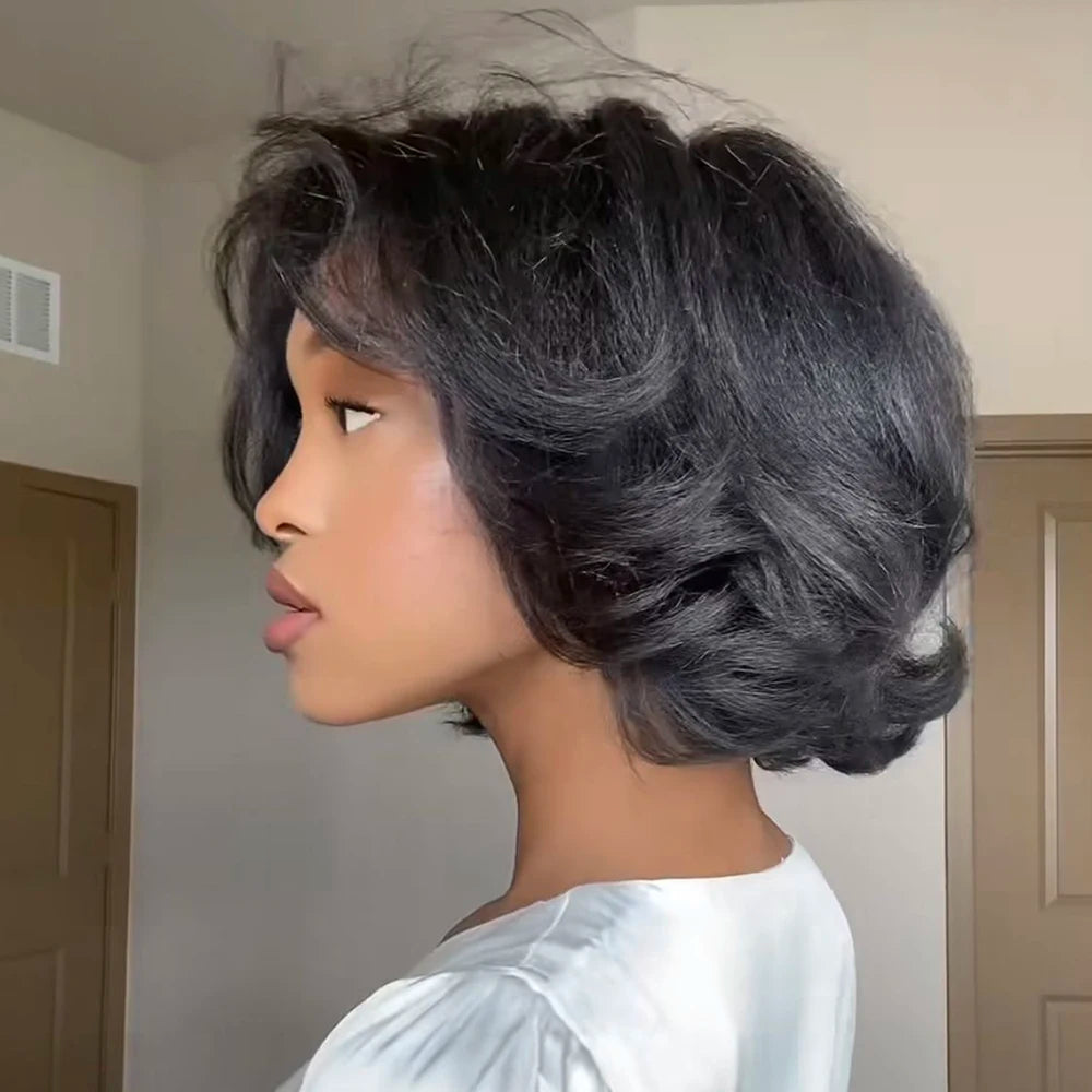 Pixie Cut Wig Brazilian Human Hair Wigs Short Curly Bob with Pre Plucked Bangs for Black Women Full Machine Made Water Wave Wig