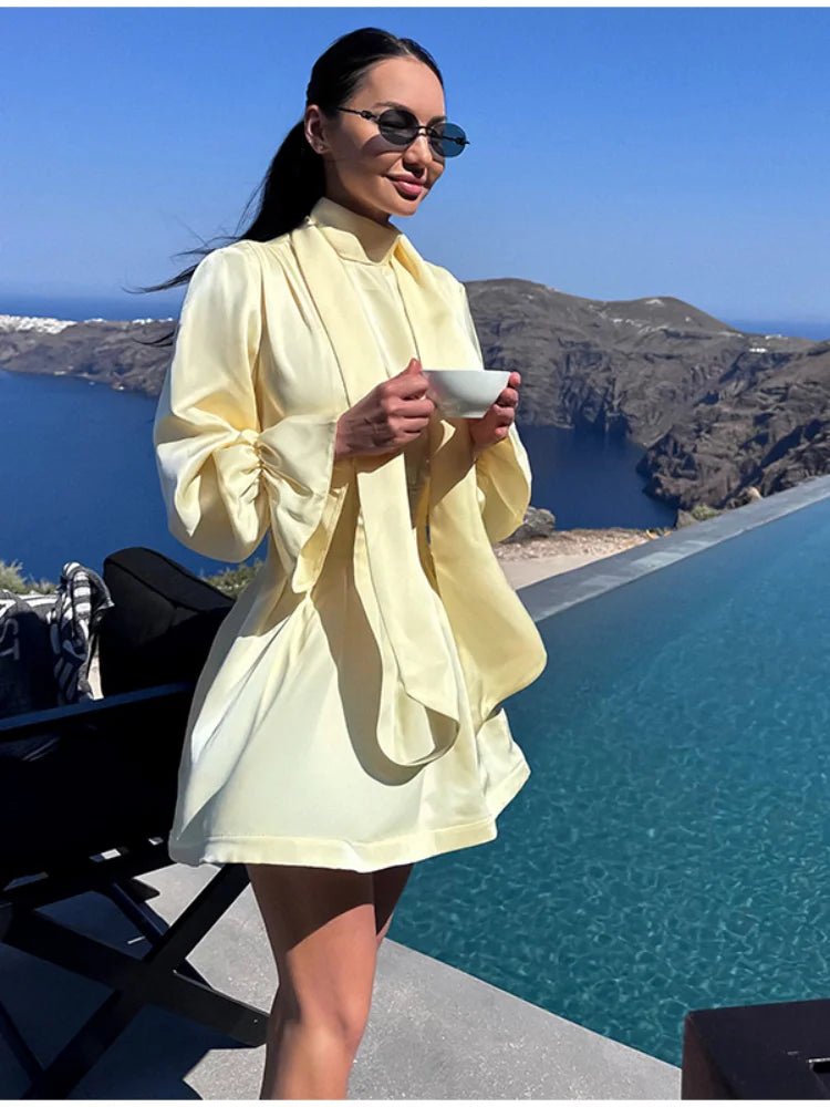 Pale Yellow Satin Puff Sleeve Ruched Waist Dress For Women