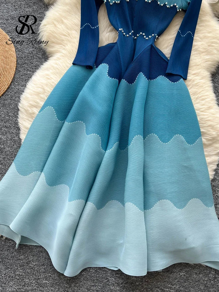 Wave Print Long Sleeve Ankle Length Evening Dress for Women