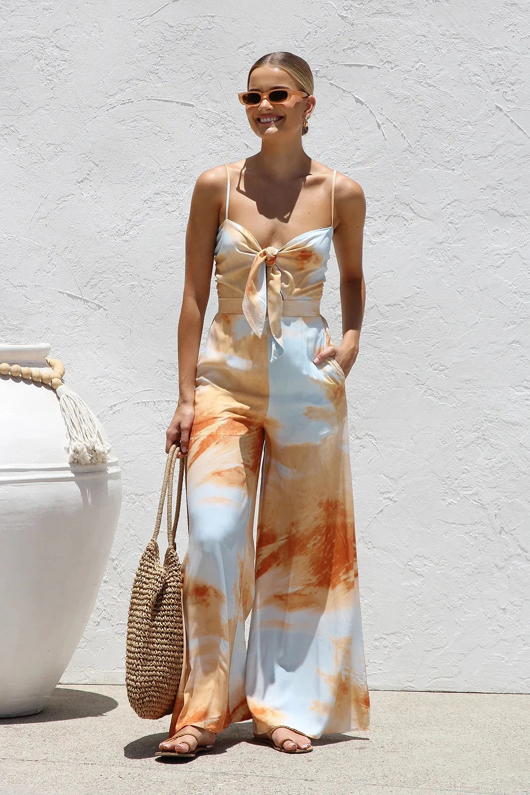 Printed Spaghetti Strap Bowknot High Waist Jumpsuit for Women