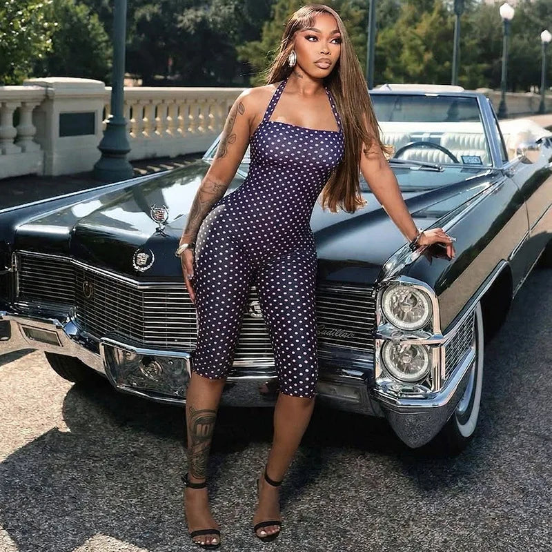 Polka Dot Halter Backless Bodycon Romper for Women