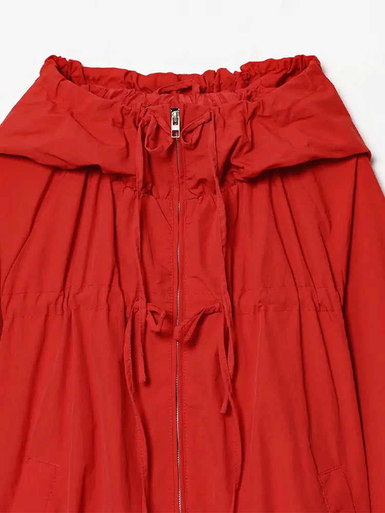 Hooded Zippered Stand Collar Lace-Up Jacket for Women