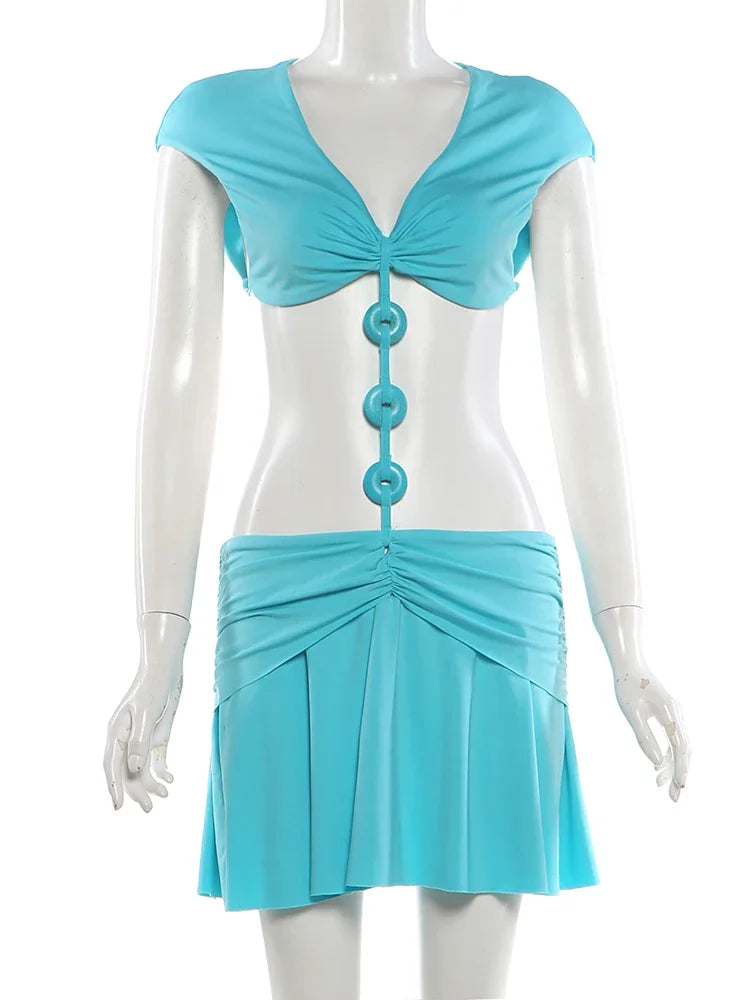 Blue Patchwork Buckle V Neck Bodycon Mini Dress for Women