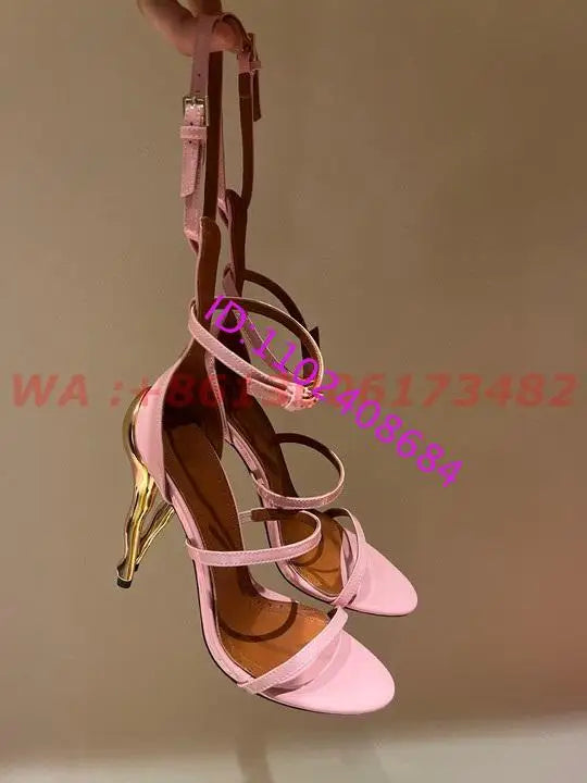 New Fashion Design Women Gold Cabaret Sculptural-Heel Strappy Sandals Ankle Strap Heel Cabaret Dancers Sandals Plus Size