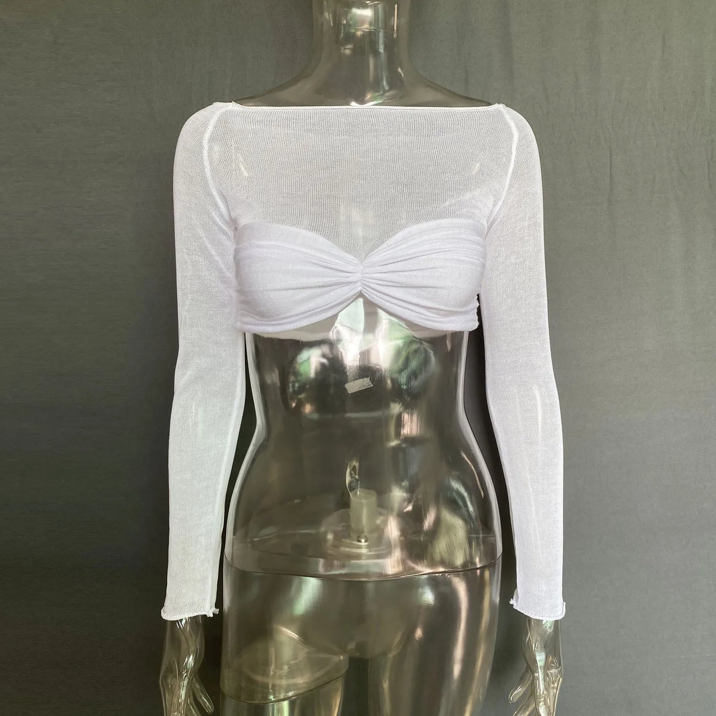 Cryptographic Elegant Front Ruched Cropped Top for Women Fashion Long Sleeve Off Shoulder Sexy Backless Sheer Knit Mini Top Slim