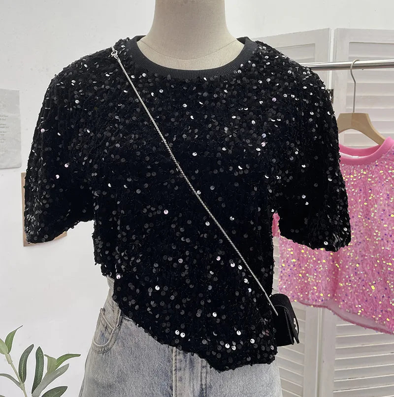Spicy Girl Pink Sequins Short Sleeve T-shirt Round Neck Slimming Crop Top Blingbling Sexy Nightclub Multi Color Casual Tees