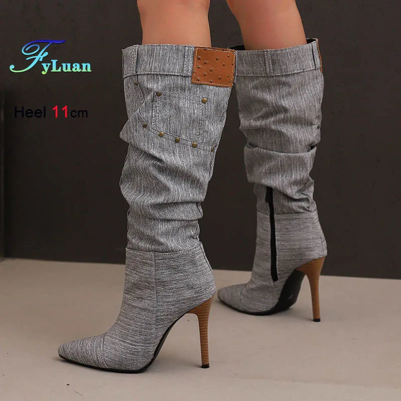 Fashion Knee High Pointed Pleated Denim Boots With Stiletto Heels For Women