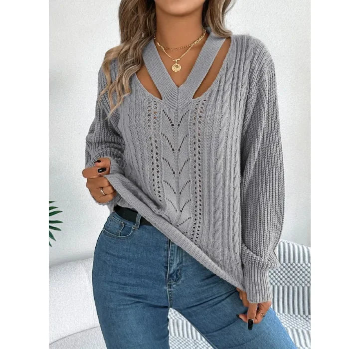 Casual Sweater Women Streetwear Hollow V-neck Elegant Lantern Sleeve Head Tops 2024 Autumn/Winter New Long Sleeved T-shirt Y2k