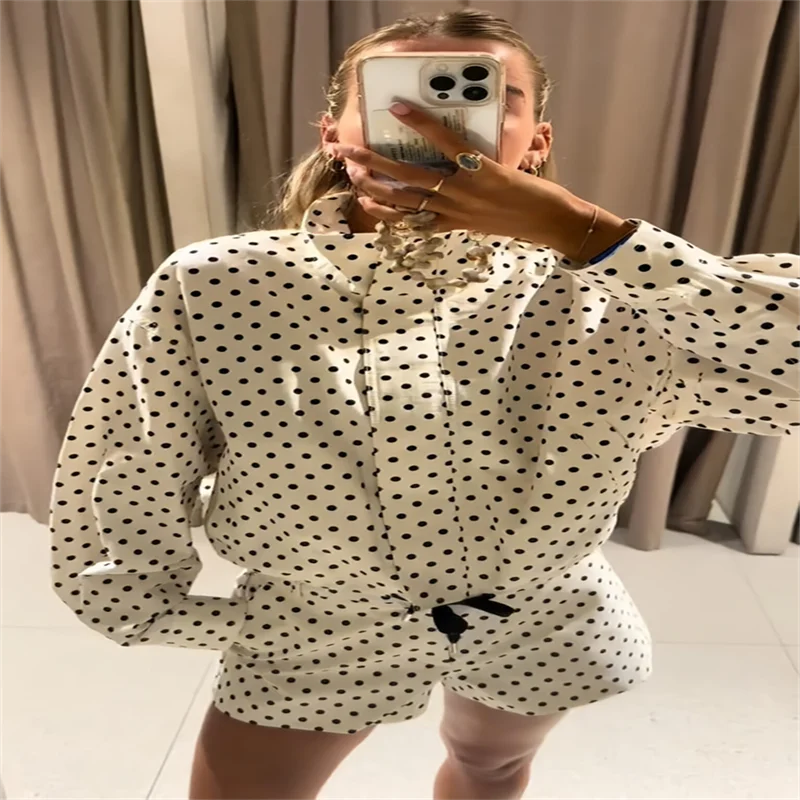 Loose Polka Dot Zipper Women's Shorts Set Stand Collar Patchwork Full Sleeve Pockets Jacket Tie Up Short Pant Suit Summer Outfit