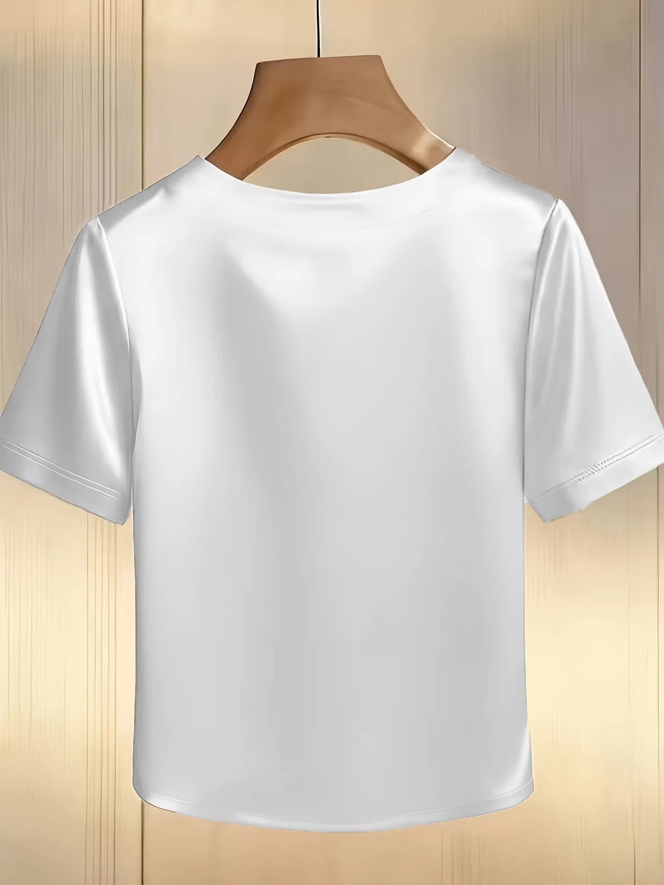 Satin Round Neck Pearl Beaded Decor Short Sleeve Top for Women