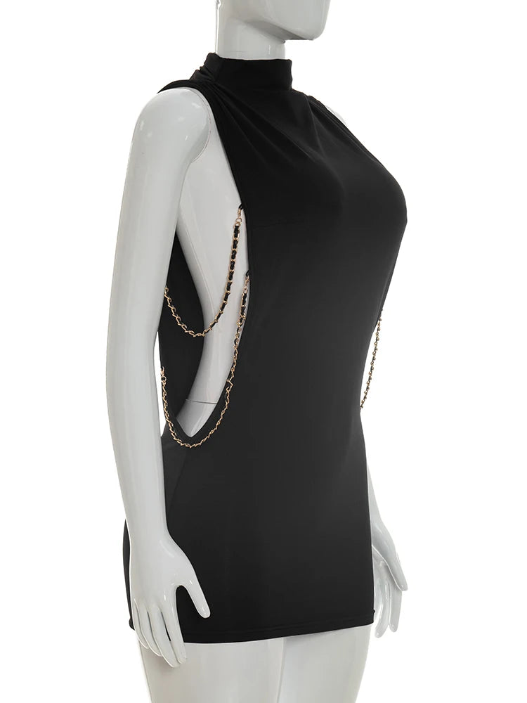Metal Chain Detail O Neck Side Hollow Mini Dress for Women