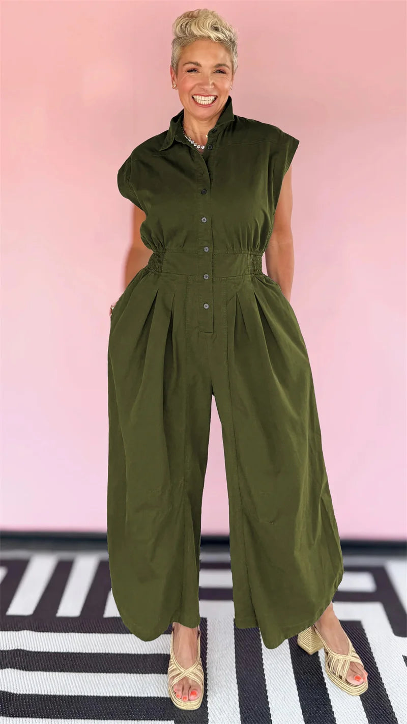 Doyerl Solid Casual Summer Jumpsuit Woman Clothing Turn-down Collar Button Up Sleeveless Loose Rompers One Piece Overalls 2025