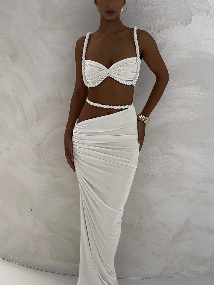 Woven Pleated Crop Top and Maxi Skirt Two Piece Set for Women
