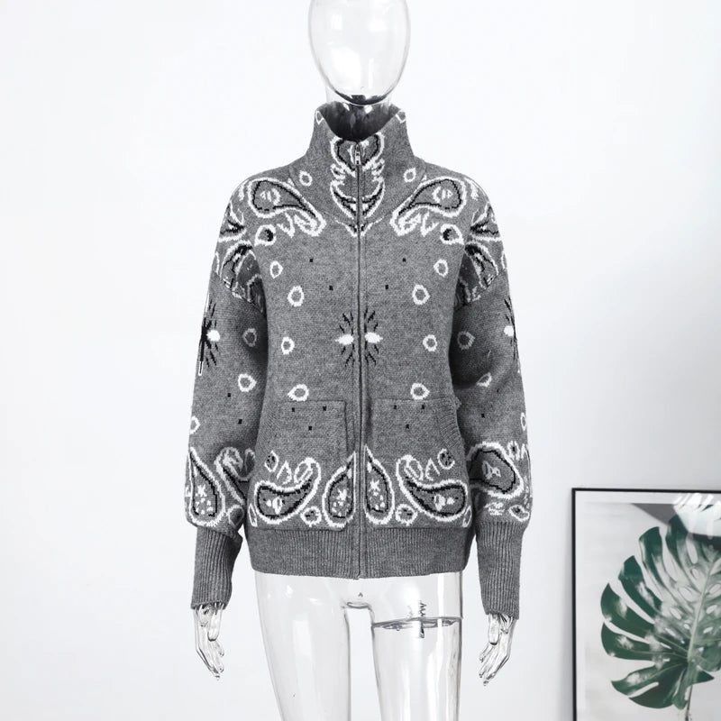 Vintage Jacquard Stand Collar Zipper Front Pocket Cardigan For Women