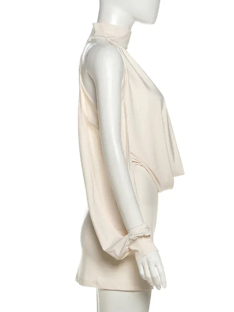 Weird Puss Sexy Turtleneck Dress Hollow Lantern Sleeve Off Shoulder Ruched Backless Stretch Birthday Party Peach Hip Y2K Bodycon