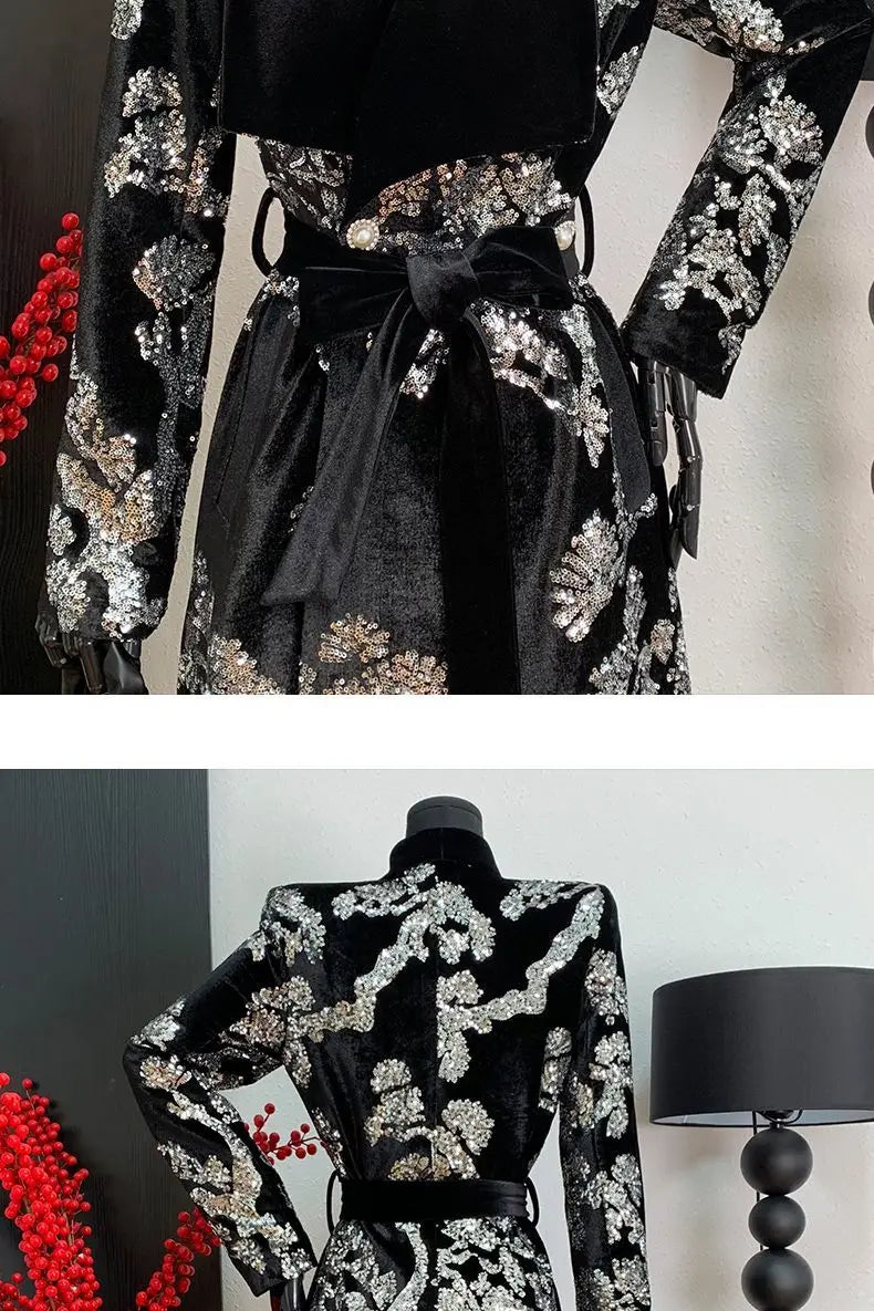 Adjustable Waist Windbreaker Coat Autumn/Winter New Sequins Trench Coat, Women's Coat, English Style Overcoat