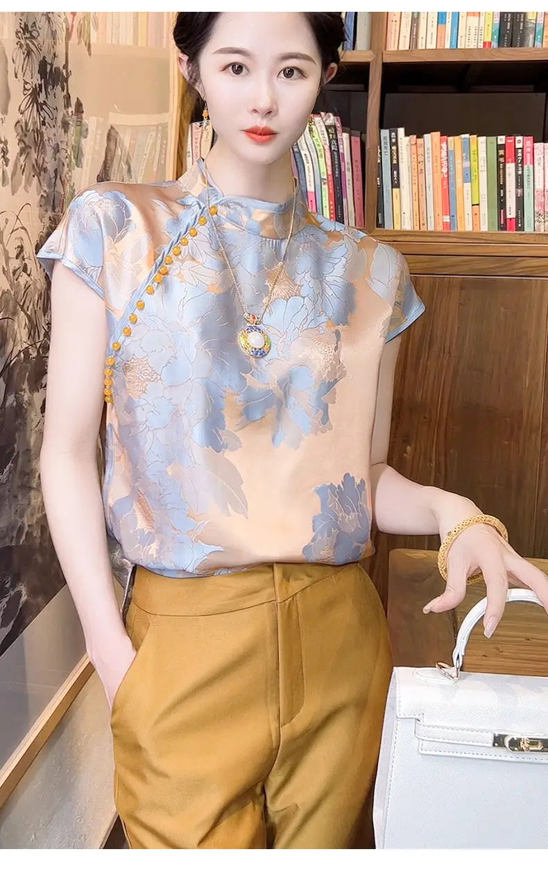 Chinese Inspired Floral Jacquard Satin Blouse For Women