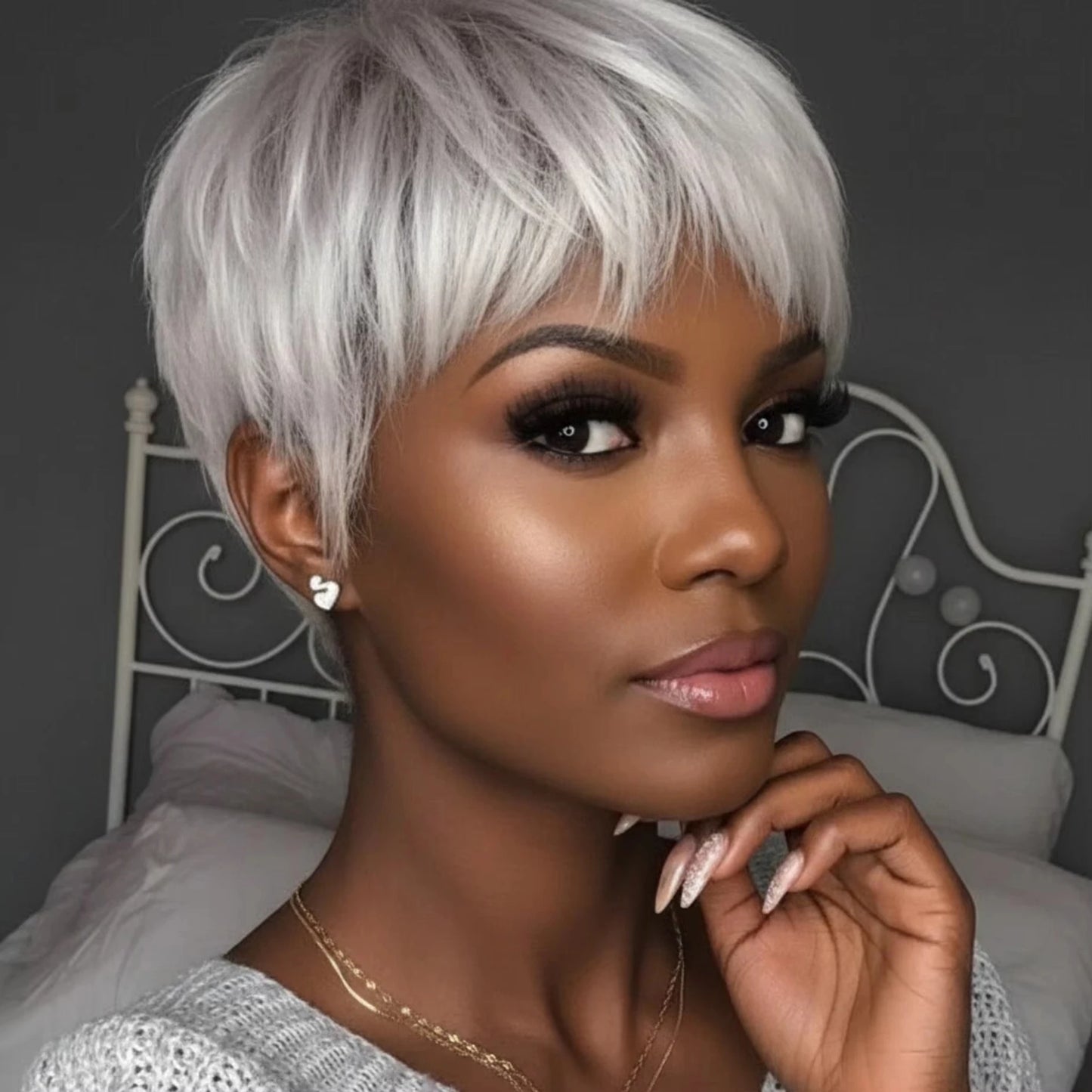 Silver Gray Textured Pixie Human Hair Wig for Women