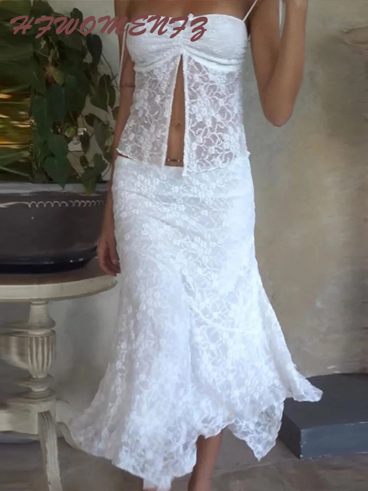 Elegant Chic Two Piece Lace Top and Skirt Set for Women