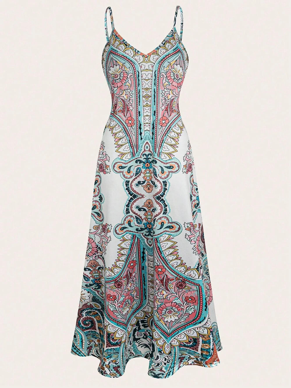 Summer women's floral print halter dress, long, adjustable straps, side pockets, stylish and elegant, suitable for beach vacatio