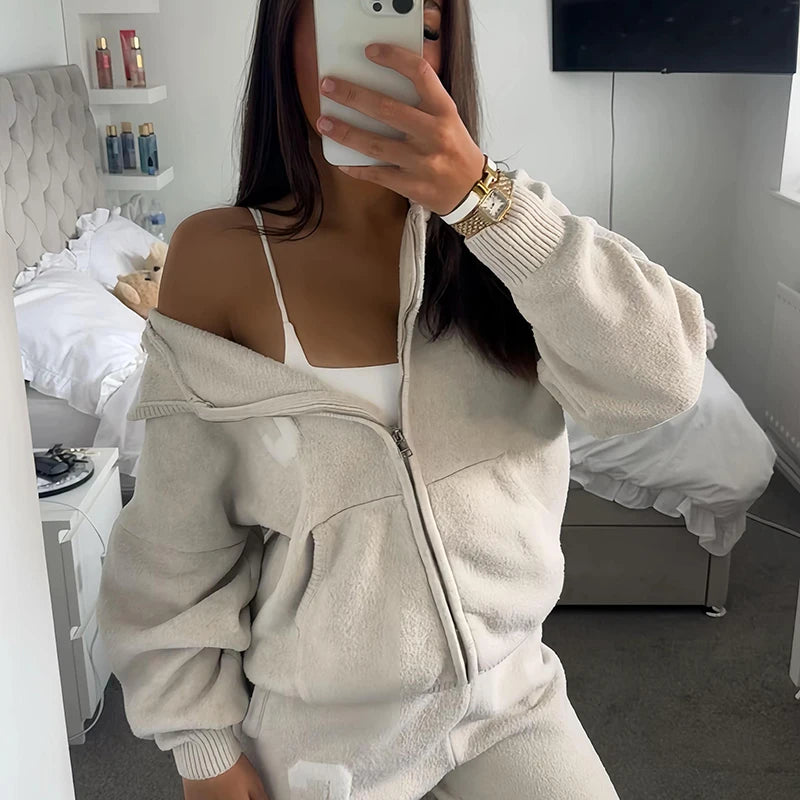 Letter Print Hooded Two Piece Set With Wide Leg Pants for Women