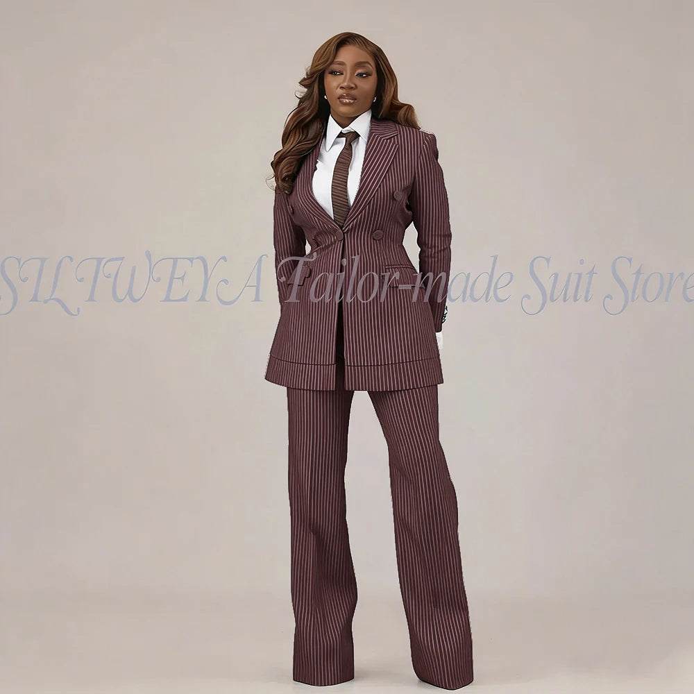 Slim Fit Brown Striped Blazer Set With Pants For Women