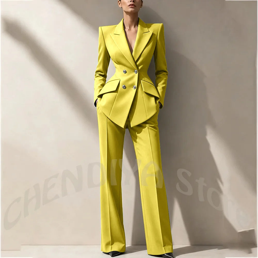 New Arrival Women's Two Piece Suit Peak Lapel Slim Fitted Classic Double Breasted Wedding Guest Evening Gala Party Female Set