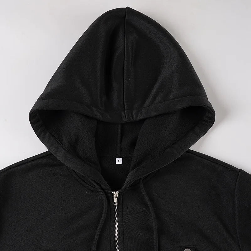 Y2K Winter Fashion Streetwear Women's Black Zip - Up Hoodie With Trendy Casual Long Sleeve Cropped Jacket Style Party