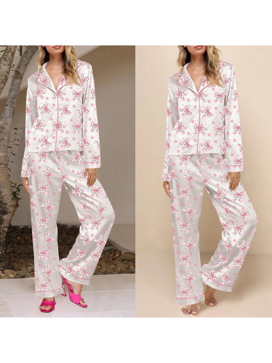 Women'S Autumn  Winter Clothing Christmas Elements Cute Bow Print Long Sleeved Shirt  Elastic Pants 2PCS Street Wear Home Wear
