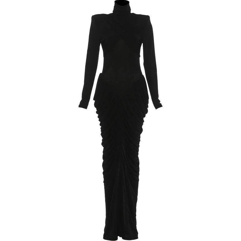Elegant Ruched Backless Turtleneck Maxi Dress for Women