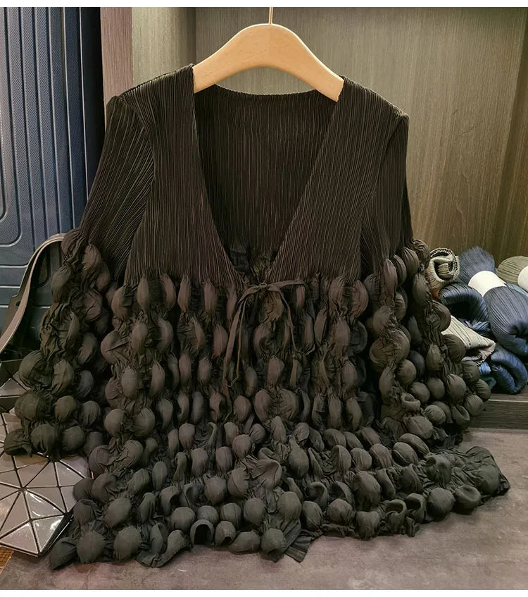 Elegant Lace Up Pleated Long Sleeve Coat for Women