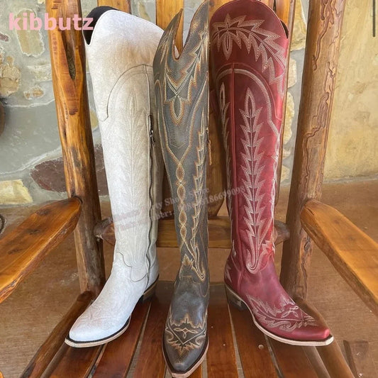 Rivet Cowboy Vintage Boots Over The Knee High Embroidery Lace-Up Luxury Leather Pointed Toe Chunky Heels Fashion Concise Shoes