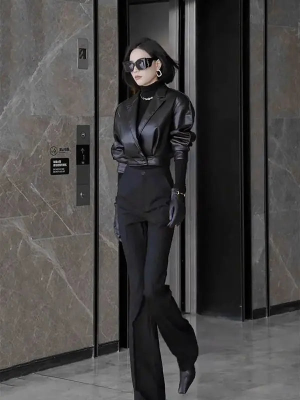 Trendy Faux Leather Blazer And Flared Pants Set For Women