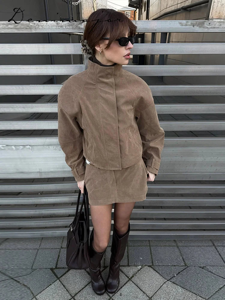 Vintage Suede Jacket and Mini Skirt Two Piece Set for Women