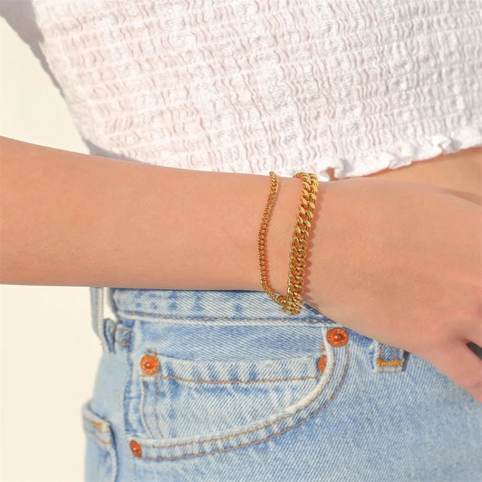 Gold Tone Stainless Steel Figaro Chain Bracelet for Women