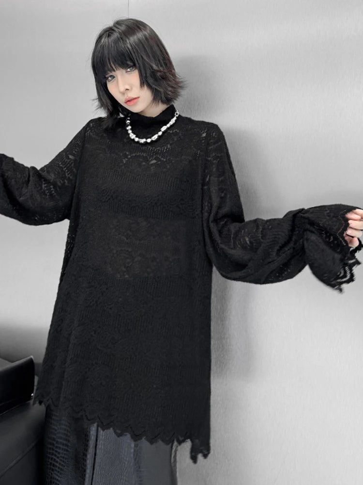 [EAM] Women Black Lace Thin Big Size Elegant T-shirt New Turtleneck Long Flare Sleeve Fashion Tide Spring Autumn 2025 1DH9265
