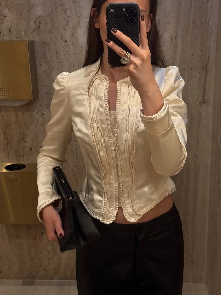 Chic Pleated Long Sleeve Button Detail Coat for Women