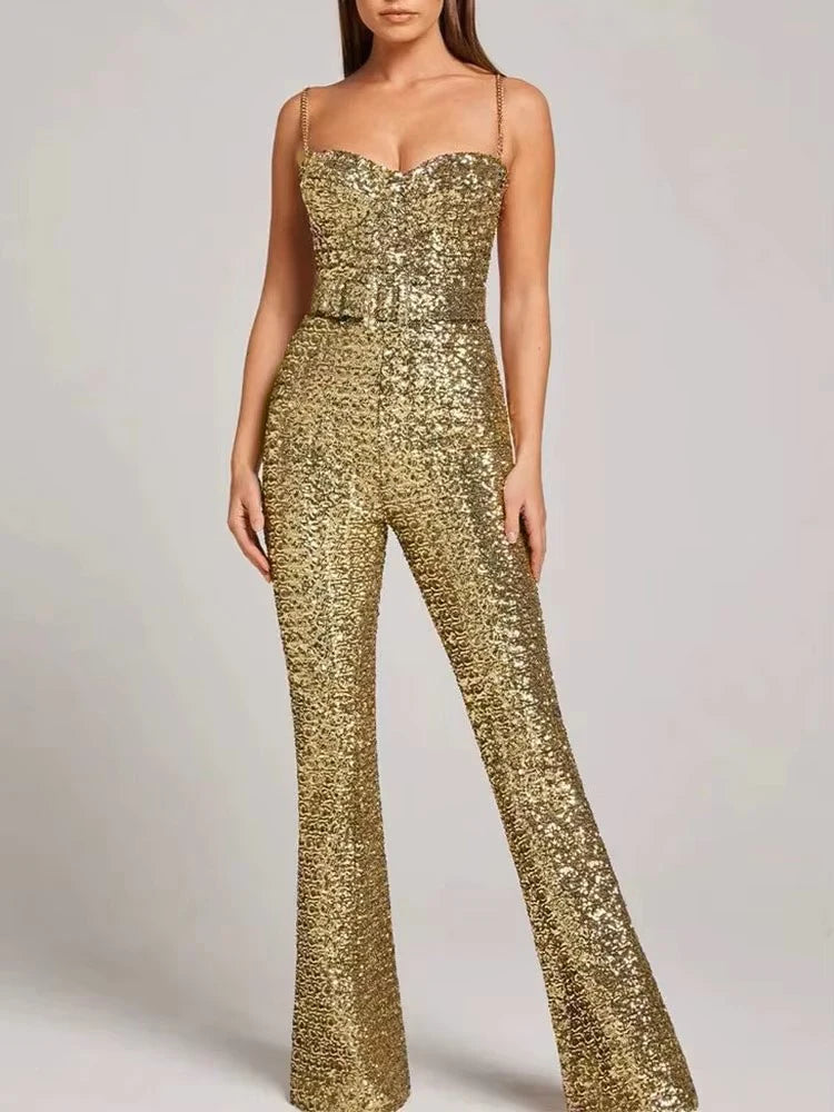 Sexy Off Shoulder Sleeveless Party Playsuit Fashion Match Belt Slim Fit Long Rompers Elegant Shiny Sequins Chain Sling Jumpsuit