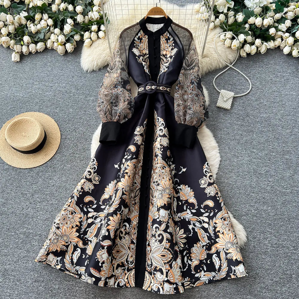 Elegant Printed Mesh Spliced A Line Maxi Dress for Women