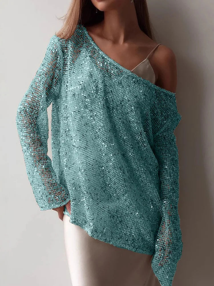 Elegant Sequined Long Sleeve Pullover Blouse for Women