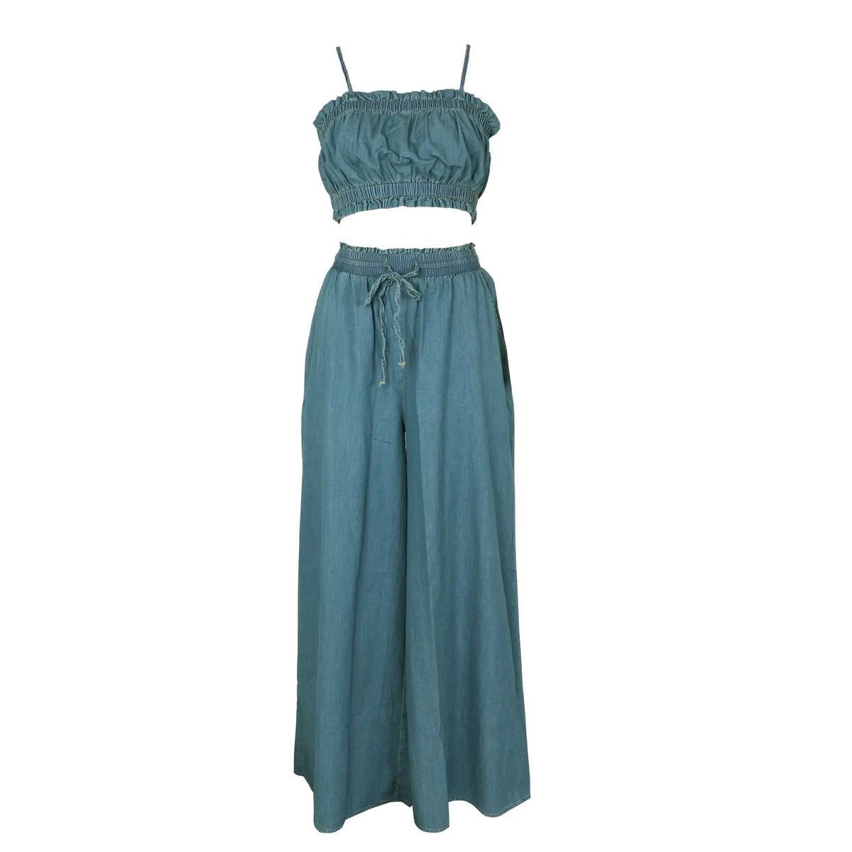 Ruched Spaghetti Strap Denim Two Piece Set for Women