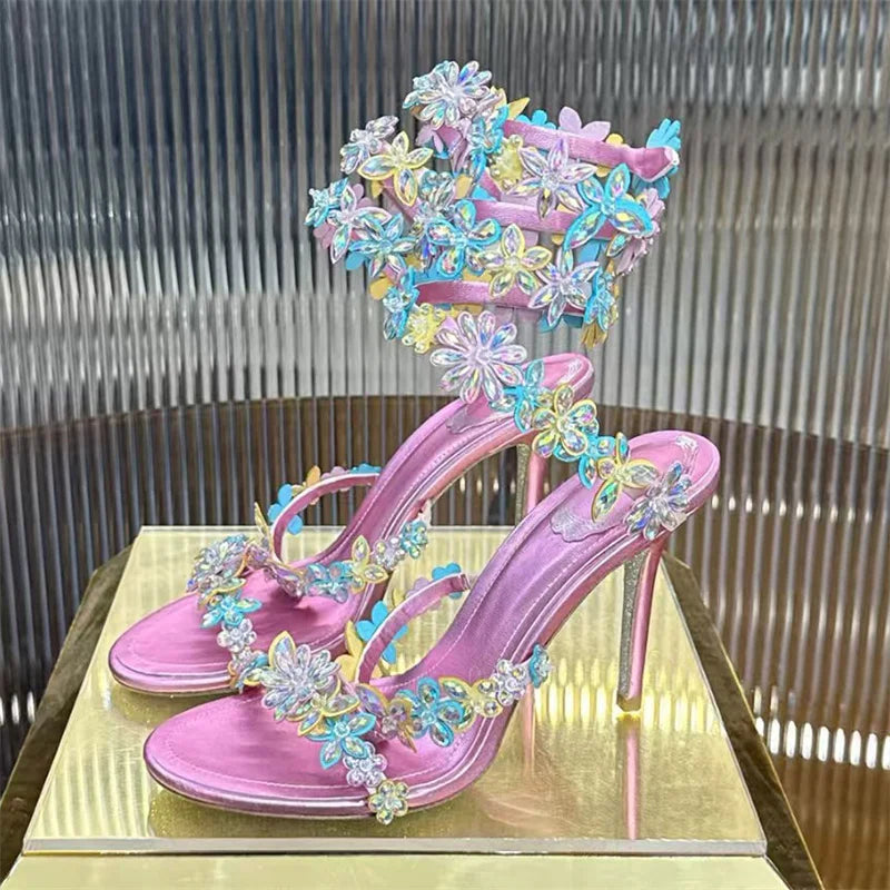 Crystal Strappy Wrap Ankle Stiletto Sandals for Women