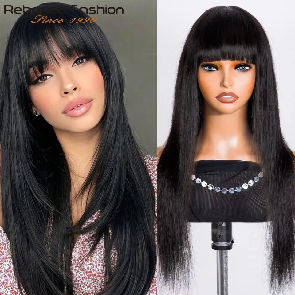 Glueless Straight Human Hair Wig With Bangs for Women